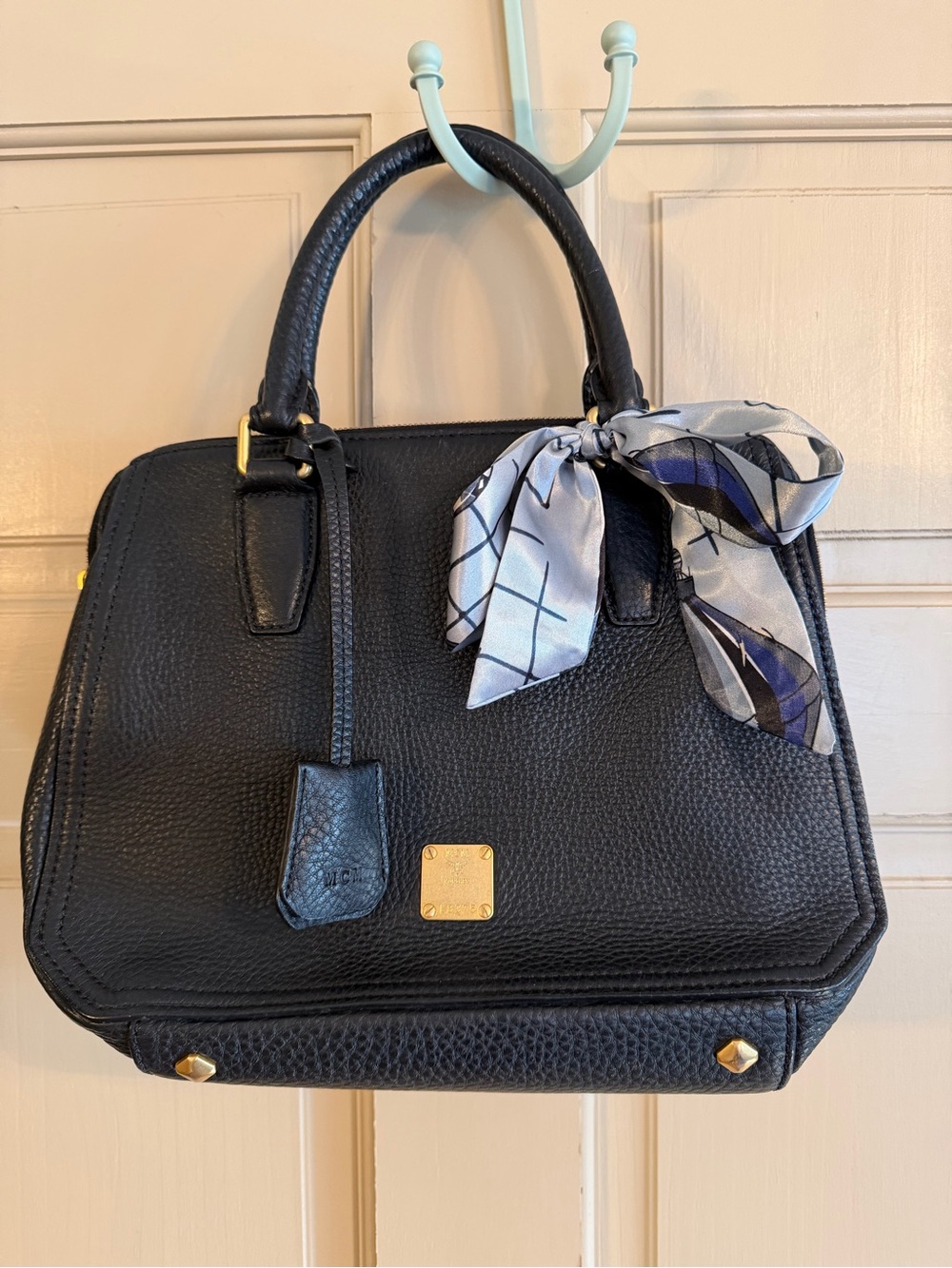 Authentic MCM Black Leather Satchel with Gold Hardware